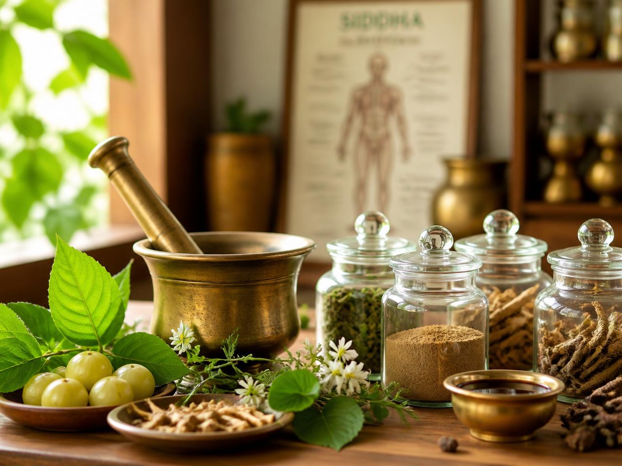 Traditional Siddha herbal medicine preparation with brass mortar, medicinal leaves and herbal jars at Herbal Cure Clinic, Chromepet